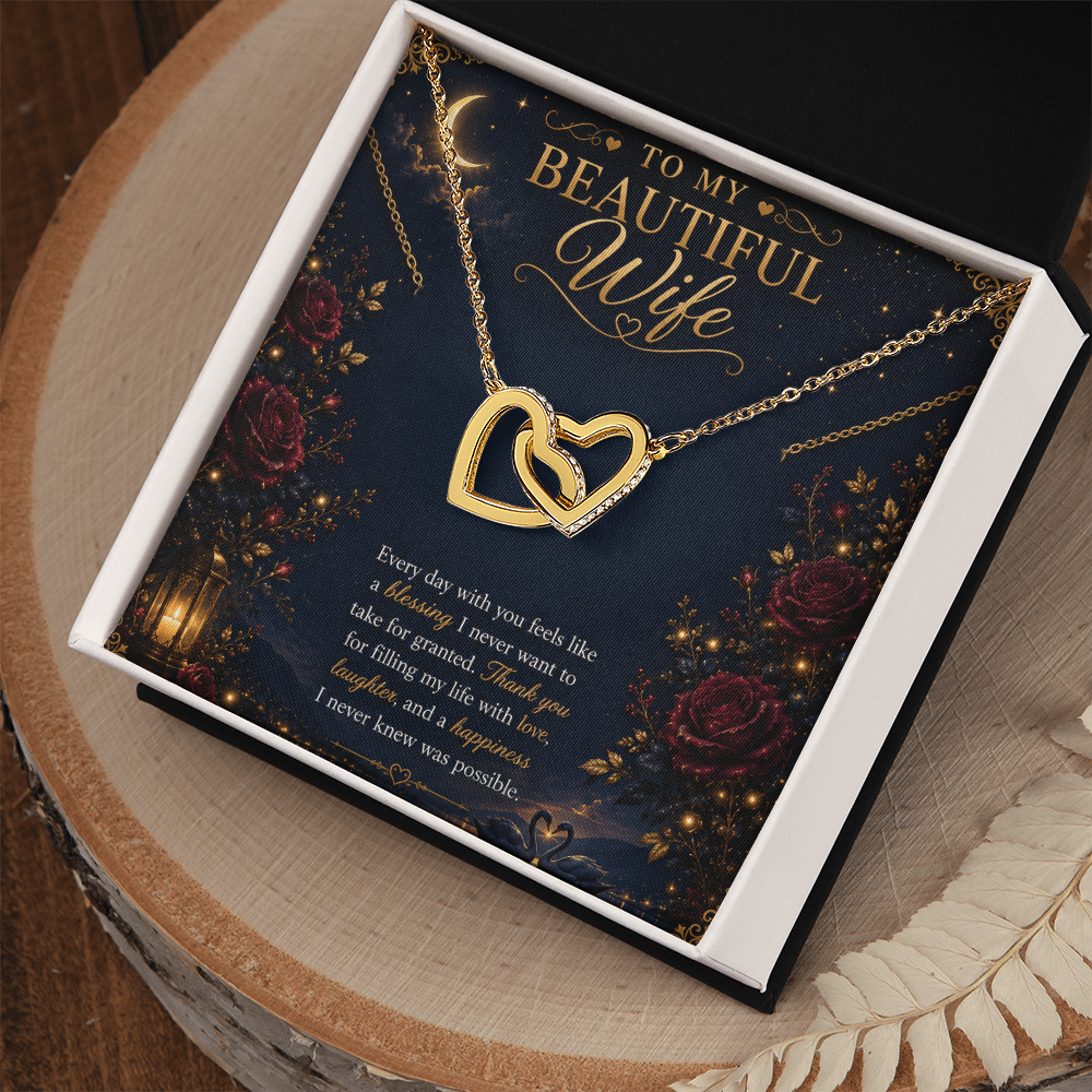 To My Beautiful Wife Interlocking Hearts Necklace Gift | Gold Double Heart Pendant |