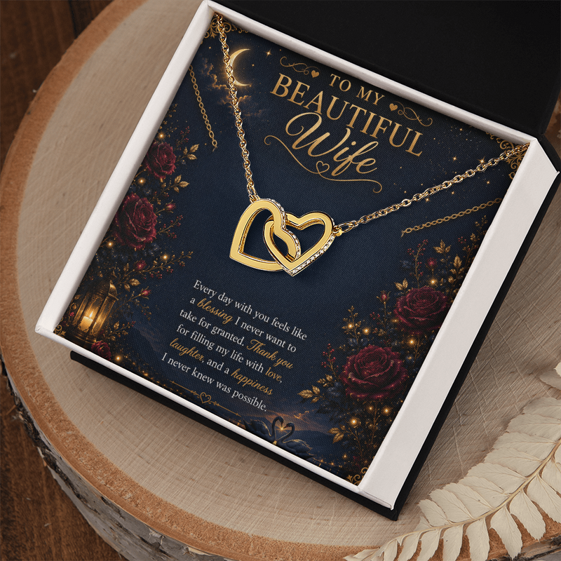 To My Beautiful Wife Interlocking Hearts Necklace Gift | Gold Double Heart Pendant |