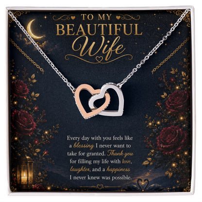 To My Beautiful Wife Interlocking Hearts Necklace Gift | Gold Double Heart Pendant |