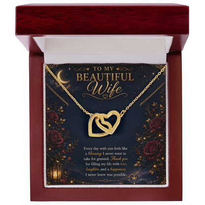 To My Beautiful Wife Interlocking Hearts Necklace Gift | Gold Double Heart Pendant |