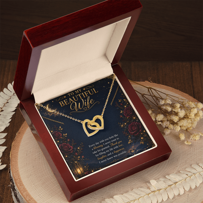 To My Beautiful Wife Interlocking Hearts Necklace Gift | Gold Double Heart Pendant |
