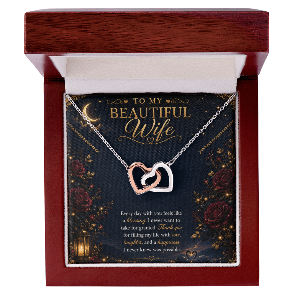 To My Beautiful Wife Interlocking Hearts Necklace Gift | Gold Double Heart Pendant |