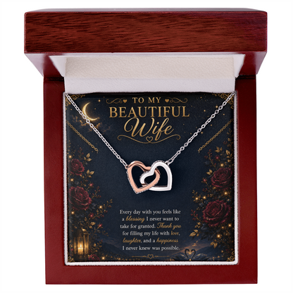 To My Beautiful Wife Interlocking Hearts Necklace Gift | Gold Double Heart Pendant |