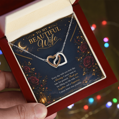 To My Beautiful Wife Interlocking Hearts Necklace Gift | Gold Double Heart Pendant |