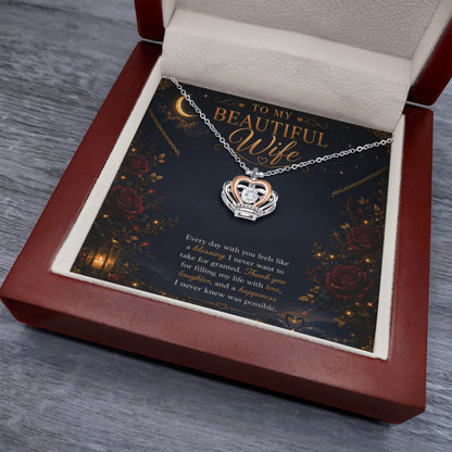 To My Beautiful Wife Crown Pendant Necklace Gift | Gold Double Heart Pendant |