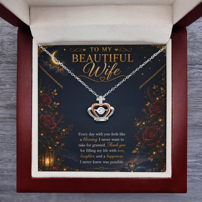 To My Beautiful Wife Crown Pendant Necklace Gift | Gold Double Heart Pendant |